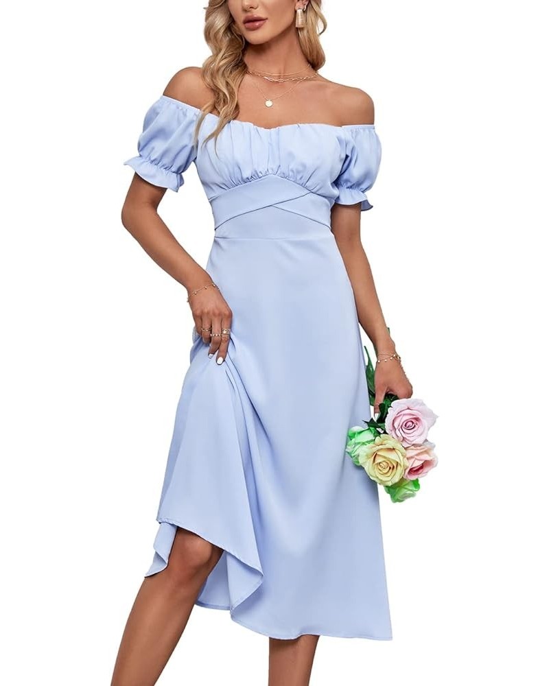 Women's Off Shoulder Wrap Ruffle Puff Short Sleeve Ruched Tie Back Dress Light Blue $22.08 Dresses