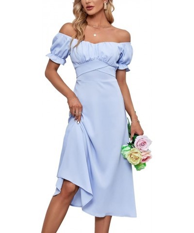 Women's Off Shoulder Wrap Ruffle Puff Short Sleeve Ruched Tie Back Dress Light Blue $22.08 Dresses