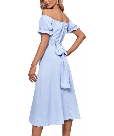 Women's Off Shoulder Wrap Ruffle Puff Short Sleeve Ruched Tie Back Dress Light Blue $22.08 Dresses