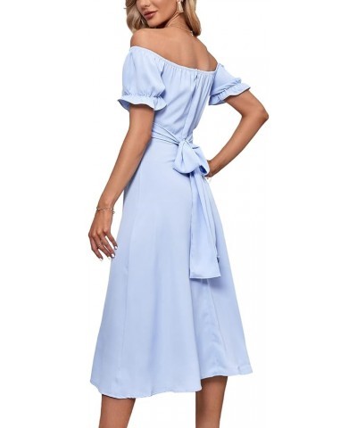 Women's Off Shoulder Wrap Ruffle Puff Short Sleeve Ruched Tie Back Dress Light Blue $22.08 Dresses