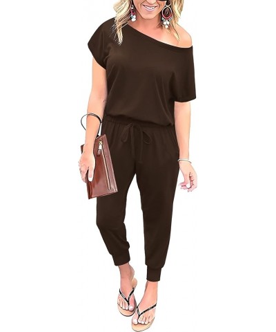 Summer Jumpsuit Rompers Off Shoulder for Women with Pockets Casual Elastic Waist Brown $15.92 Jumpsuits