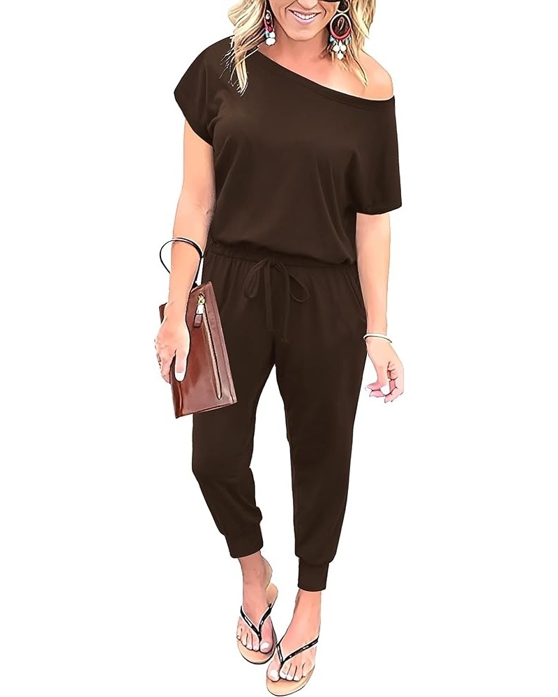 Summer Jumpsuit Rompers Off Shoulder for Women with Pockets Casual Elastic Waist Brown $15.92 Jumpsuits