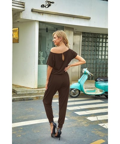 Summer Jumpsuit Rompers Off Shoulder for Women with Pockets Casual Elastic Waist Brown $15.92 Jumpsuits