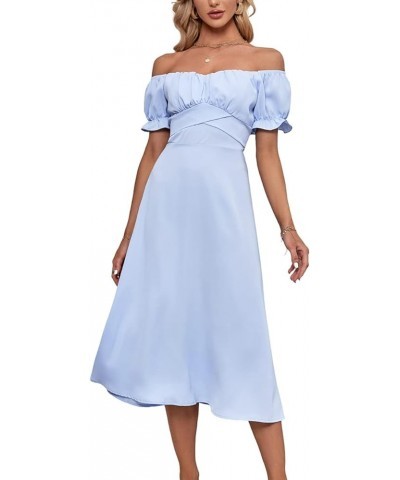 Women's Off Shoulder Wrap Ruffle Puff Short Sleeve Ruched Tie Back Dress Light Blue $22.08 Dresses