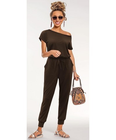 Summer Jumpsuit Rompers Off Shoulder for Women with Pockets Casual Elastic Waist Brown $15.92 Jumpsuits