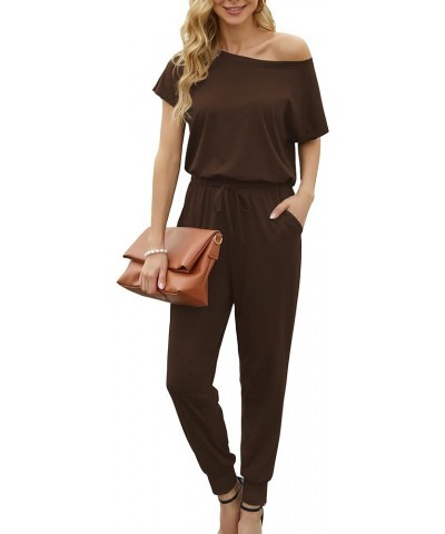 Summer Jumpsuit Rompers Off Shoulder for Women with Pockets Casual Elastic Waist Brown $15.92 Jumpsuits