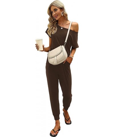 Summer Jumpsuit Rompers Off Shoulder for Women with Pockets Casual Elastic Waist Brown $15.92 Jumpsuits