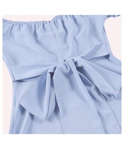 Women's Off Shoulder Wrap Ruffle Puff Short Sleeve Ruched Tie Back Dress Light Blue $22.08 Dresses