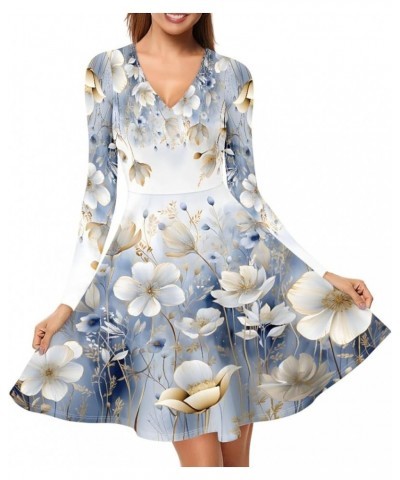 Women's Van Gogh Painting 3D Print Long Sleeve V-Neck Ruffle Swing Dress White Aesthetic Flower $8.82 Dresses