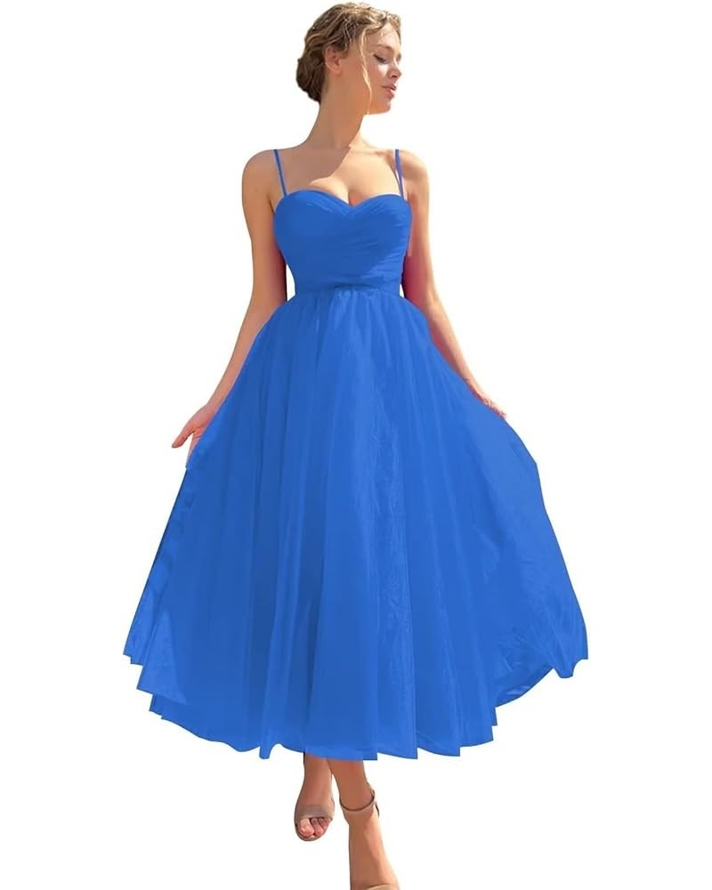 Spaghetti Straps Tulle Sweetheart Prom Dresses with Pockets Tea Length Formal Evening Gowns for Women Blue $23.22 Dresses