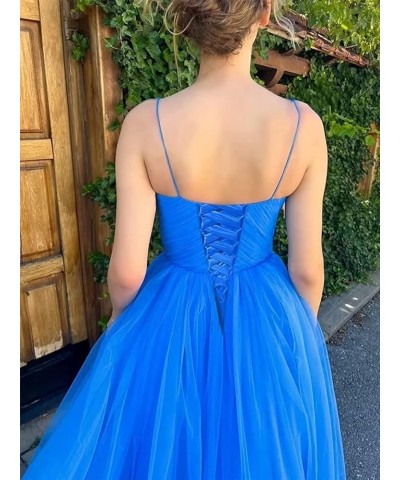 Spaghetti Straps Tulle Sweetheart Prom Dresses with Pockets Tea Length Formal Evening Gowns for Women Blue $23.22 Dresses