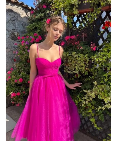 Spaghetti Straps Tulle Sweetheart Prom Dresses with Pockets Tea Length Formal Evening Gowns for Women Blue $23.22 Dresses