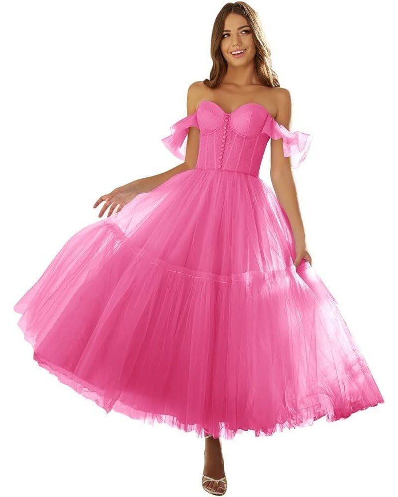 Off Shoulder Tulle Prom Dresses for Women Sweetheart Tea Length A Line Ball Gown Formal Evening Party Dress Hot Pink $29.93 D...