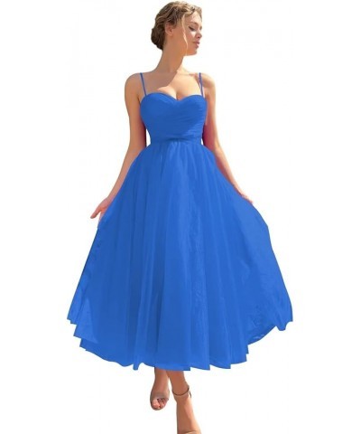 Spaghetti Straps Tulle Sweetheart Prom Dresses with Pockets Tea Length Formal Evening Gowns for Women Blue $23.22 Dresses