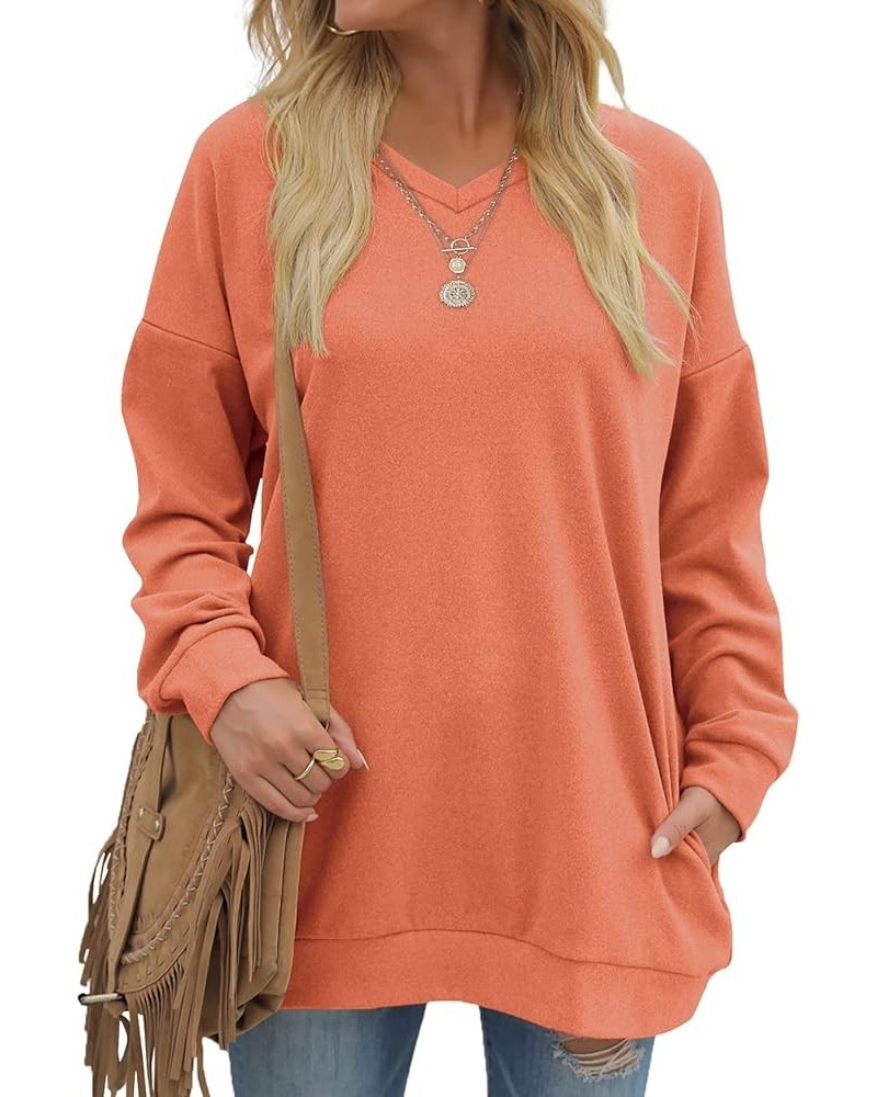 Women's Sweatshirts V Neck Oversized Long Sleeve Pockets Top 90-orange $20.79 Hoodies & Sweatshirts