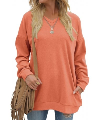 Women's Sweatshirts V Neck Oversized Long Sleeve Pockets Top 90-orange $20.79 Hoodies & Sweatshirts