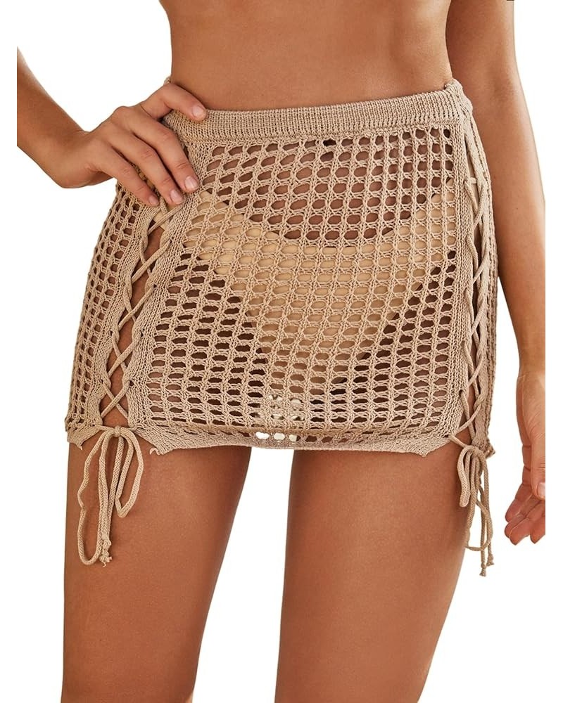 Women's Tassel Knit Cover Up Mini Skirt Crochet Beach Cover Up Swimwear Khaki $15.65 Swimsuits