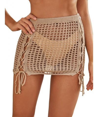 Women's Tassel Knit Cover Up Mini Skirt Crochet Beach Cover Up Swimwear Khaki $15.65 Swimsuits