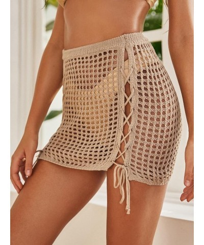 Women's Tassel Knit Cover Up Mini Skirt Crochet Beach Cover Up Swimwear Khaki $15.65 Swimsuits