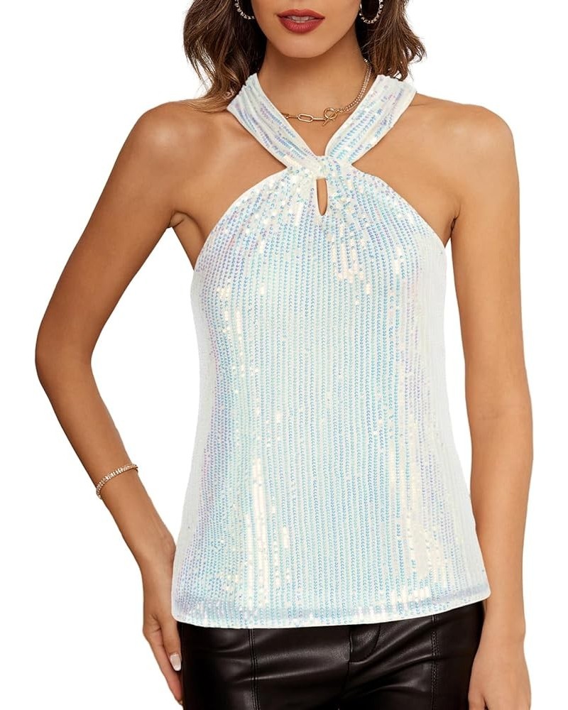 Women's Sequin Sparkle Tank Tops Halter Neck Keyhole Knot Slim Fit Cocktail Tops Multicolor-sliver(sequin) $20.68 Tanks