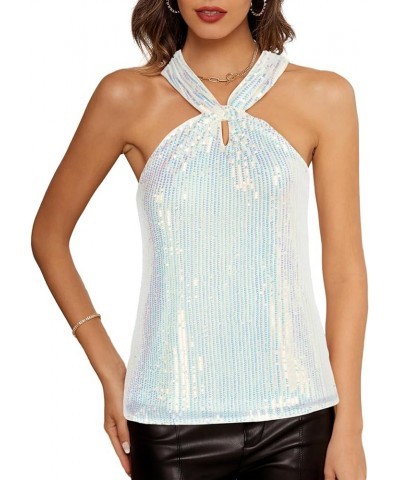 Women's Sequin Sparkle Tank Tops Halter Neck Keyhole Knot Slim Fit Cocktail Tops Multicolor-sliver(sequin) $20.68 Tanks