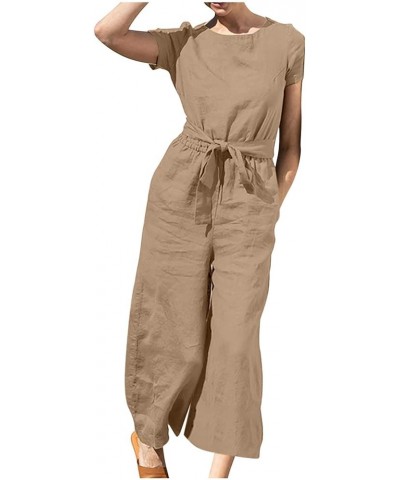 Cotton Linen Jumpsuits for Women Button Back Sleeveless Romper Elastic High Waist Jumpsuits Solid Wide Leg Jumpsuits 02 Coffe...