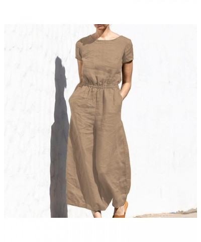 Cotton Linen Jumpsuits for Women Button Back Sleeveless Romper Elastic High Waist Jumpsuits Solid Wide Leg Jumpsuits 02 Coffe...