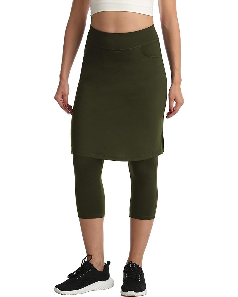 Modest Skirt with Leggings Attached for Women Workout Knee Length Swim Capri Pants with 2 Pockets Army Green $16.45 Skirts