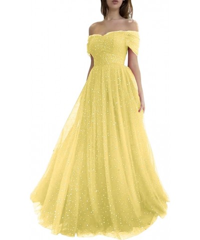 Sparkly Tulle Prom Dresses for Women 2023 Off Shoulder Pleated Formal Evening Party Gowns Yellow $35.09 Dresses