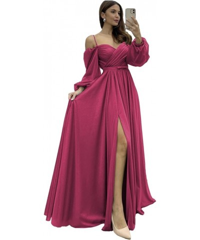 Sweetheart Neck A line Chiffon Bridesmaid Dress with Sleeves Spaghetti Straps Split Ruched Wedding Guest Dress Fuchsia $31.20...