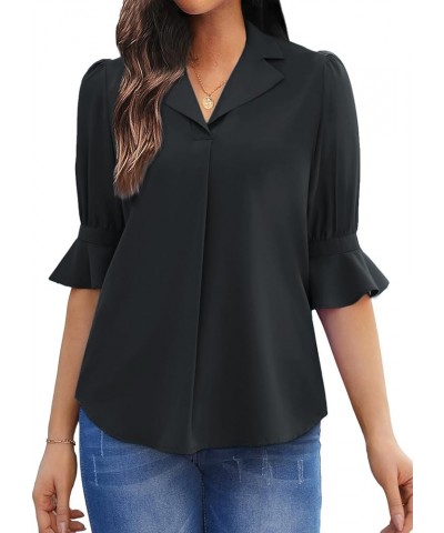 Womens Short Sleeve Puff Blouses Ruffle V Neck Fitted Dressy Shirts Business Casual Bell Polo Work Tops Black $13.95 Blouses