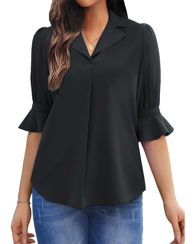 Womens Short Sleeve Puff Blouses Ruffle V Neck Fitted Dressy Shirts Business Casual Bell Polo Work Tops Black $13.95 Blouses