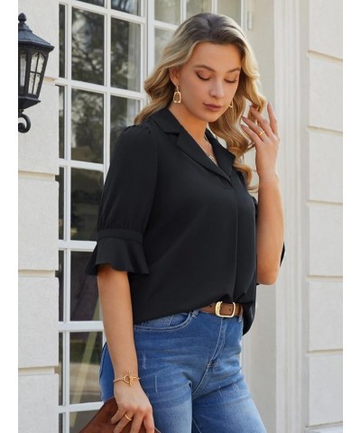 Womens Short Sleeve Puff Blouses Ruffle V Neck Fitted Dressy Shirts Business Casual Bell Polo Work Tops Black $13.95 Blouses