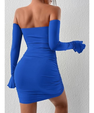 Women's Petite Off Shoulder Long Sleeve Cut Out Tie Front Bodycon Mini Dress Blue $14.00 Dresses