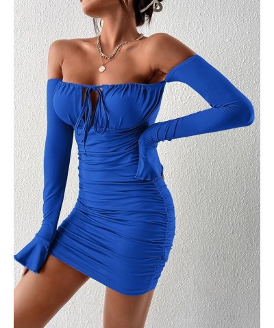 Women's Petite Off Shoulder Long Sleeve Cut Out Tie Front Bodycon Mini Dress Blue $14.00 Dresses