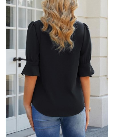 Womens Short Sleeve Puff Blouses Ruffle V Neck Fitted Dressy Shirts Business Casual Bell Polo Work Tops Black $13.95 Blouses