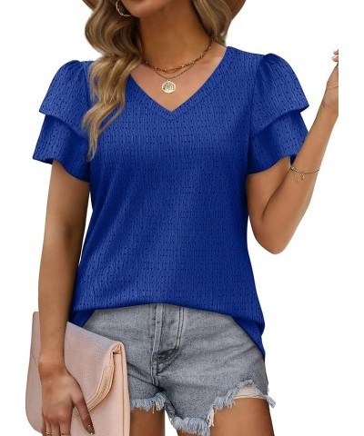 Womens Tops Summer Ruffle Short Sleeve V Neck T Shirts Loose Fit Eyelet 03-royal Blue $6.88 T-Shirts