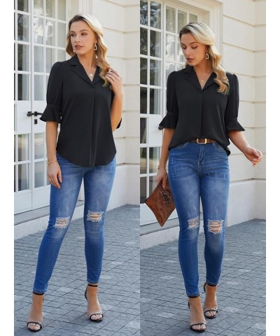 Womens Short Sleeve Puff Blouses Ruffle V Neck Fitted Dressy Shirts Business Casual Bell Polo Work Tops Black $13.95 Blouses