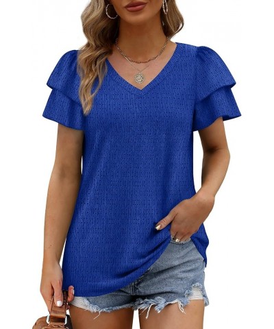 Womens Tops Summer Ruffle Short Sleeve V Neck T Shirts Loose Fit Eyelet 03-royal Blue $6.88 T-Shirts