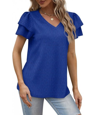 Womens Tops Summer Ruffle Short Sleeve V Neck T Shirts Loose Fit Eyelet 03-royal Blue $6.88 T-Shirts