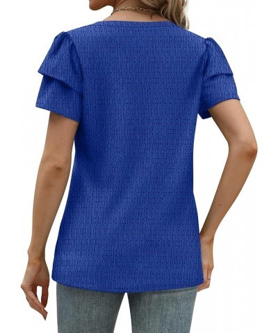 Womens Tops Summer Ruffle Short Sleeve V Neck T Shirts Loose Fit Eyelet 03-royal Blue $6.88 T-Shirts