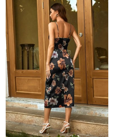 Women's Floral Print Ruched Split Hem Satin Cami Dress Midi Dresses Black Floral $26.00 Dresses