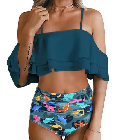 Women Two Piece High Waisted Bikini Set Swimsuit Tummy Control Bottoms Ruffle Off Shoulder Bathing Suits Dinosaur Print $15.3...