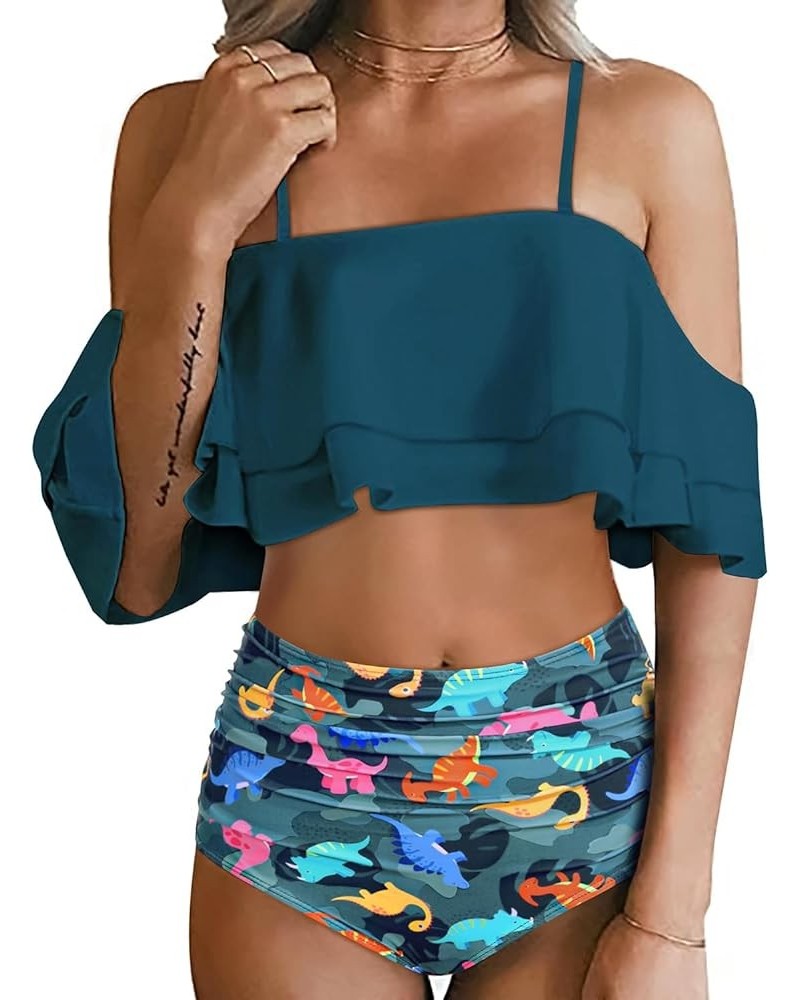 Women Two Piece High Waisted Bikini Set Swimsuit Tummy Control Bottoms Ruffle Off Shoulder Bathing Suits Dinosaur Print $15.3...