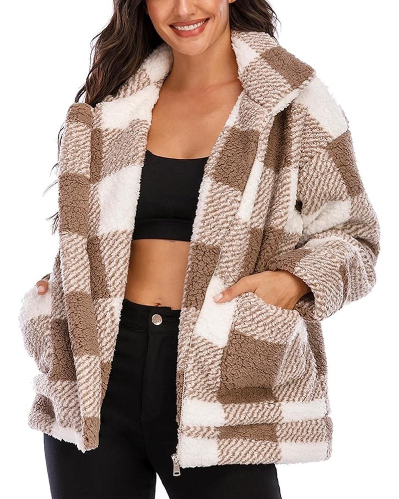 Women's Faux Fur Jacket Shaggy Jacket Winter Fleece Coat Outwear Shaggy Shearling Jacket Camel Plaid $17.33 Coats