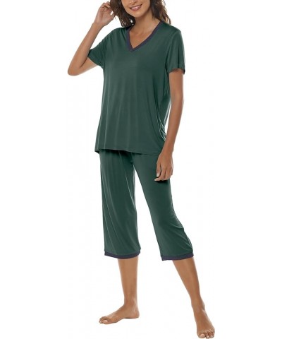 Women's Pajama Set Cotton Lounge Set V Neck Sleepwear Capri Pajama Pants Pjs Nightwear Short Top Green $18.00 Sleep & Lounge