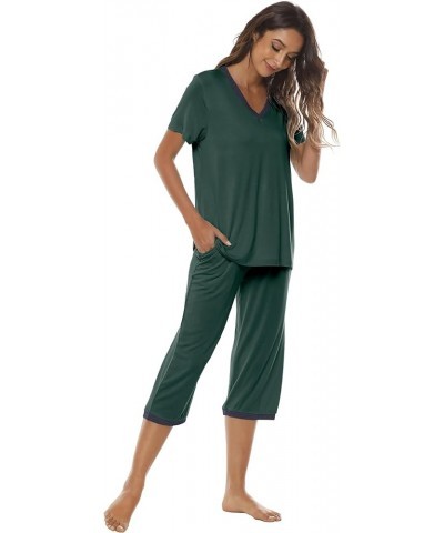 Women's Pajama Set Cotton Lounge Set V Neck Sleepwear Capri Pajama Pants Pjs Nightwear Short Top Green $18.00 Sleep & Lounge