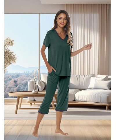 Women's Pajama Set Cotton Lounge Set V Neck Sleepwear Capri Pajama Pants Pjs Nightwear Short Top Green $18.00 Sleep & Lounge