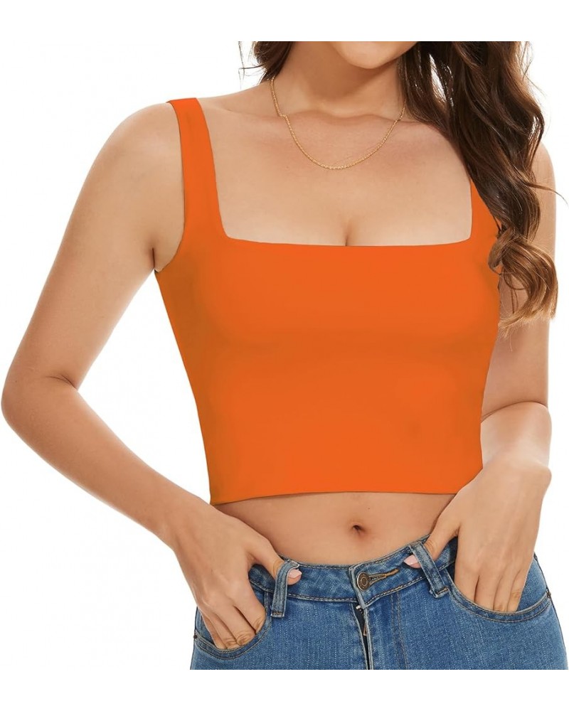 Women’s Sleeveless Crop Tops Square Neck Double Layer Workout Fitness Basic Cropped Tank Top 06-orange $9.89 Tanks