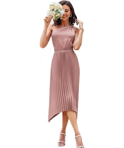 Women's 2023 Summer One Shoulder Satin Dress Sleeveless Twist Pleated Midi Dress Sexy Cocktail Party Dress Pink $18.90 Dresses